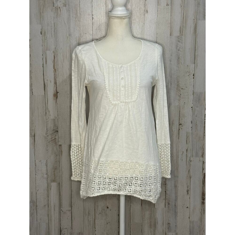Sundance Women's Ivory Crochet Detail Henley Tunic Blouse Size Small